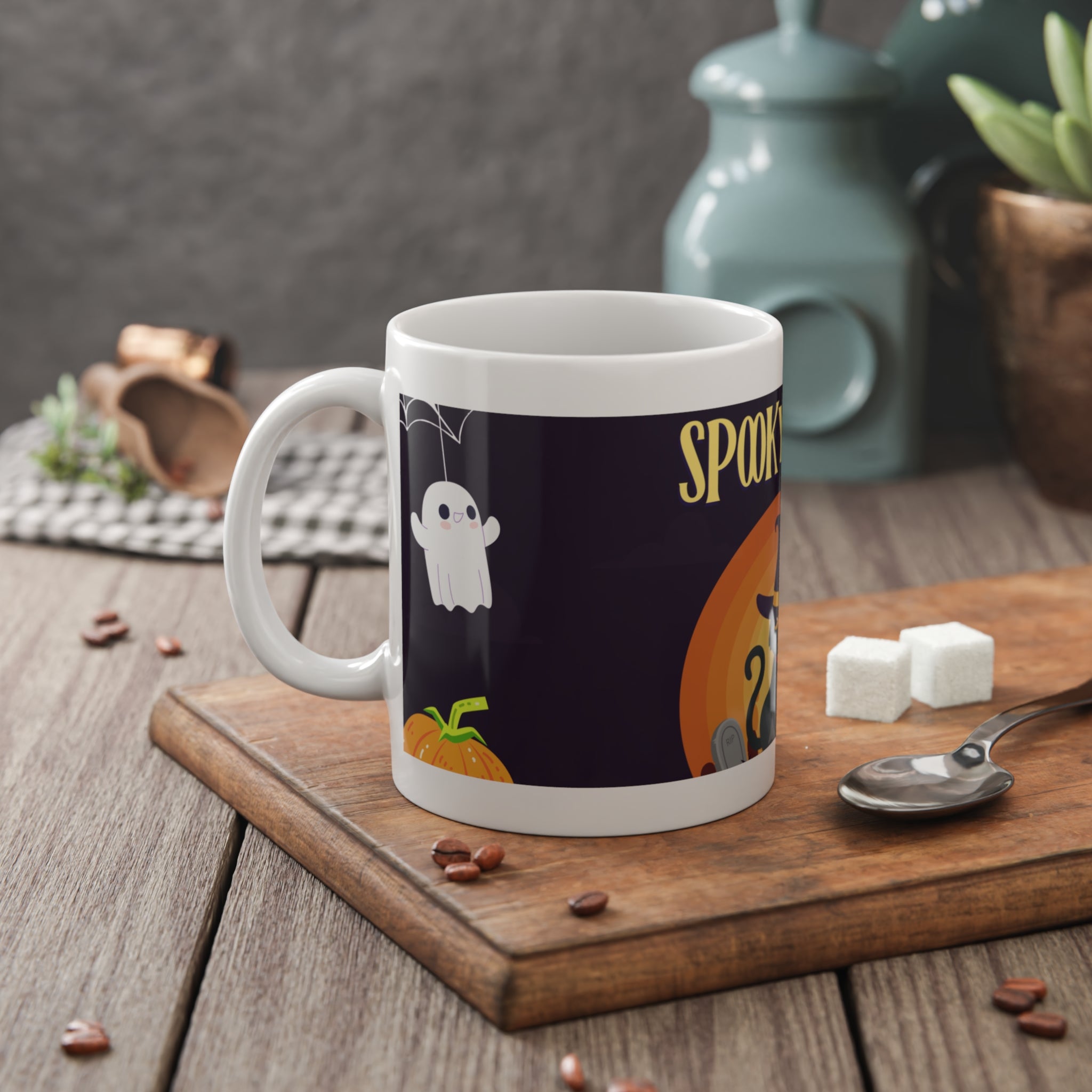 Spooky Night in a Creepy Graveyard | Halloween Black Cat, Ghosts, and Pumpkins | White Ceramic Mug